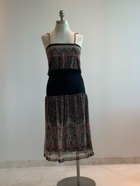 Vtg Boho Black Paisley Print Strap Spaghetti Midi Dress Sz S